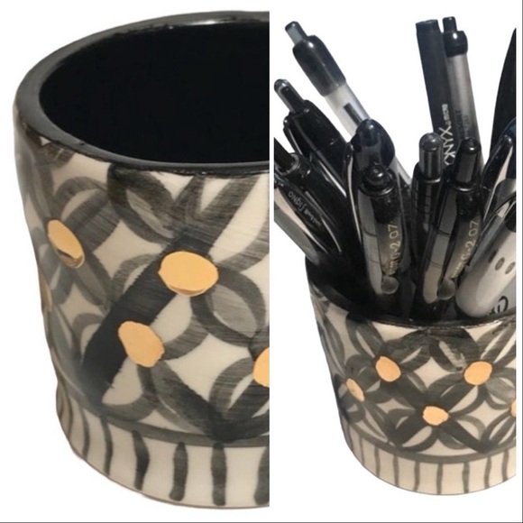 Black White Pen-Pencil/ or Succulent Planter Pottery with Genuine Gold Dots - Picture 10 of 11